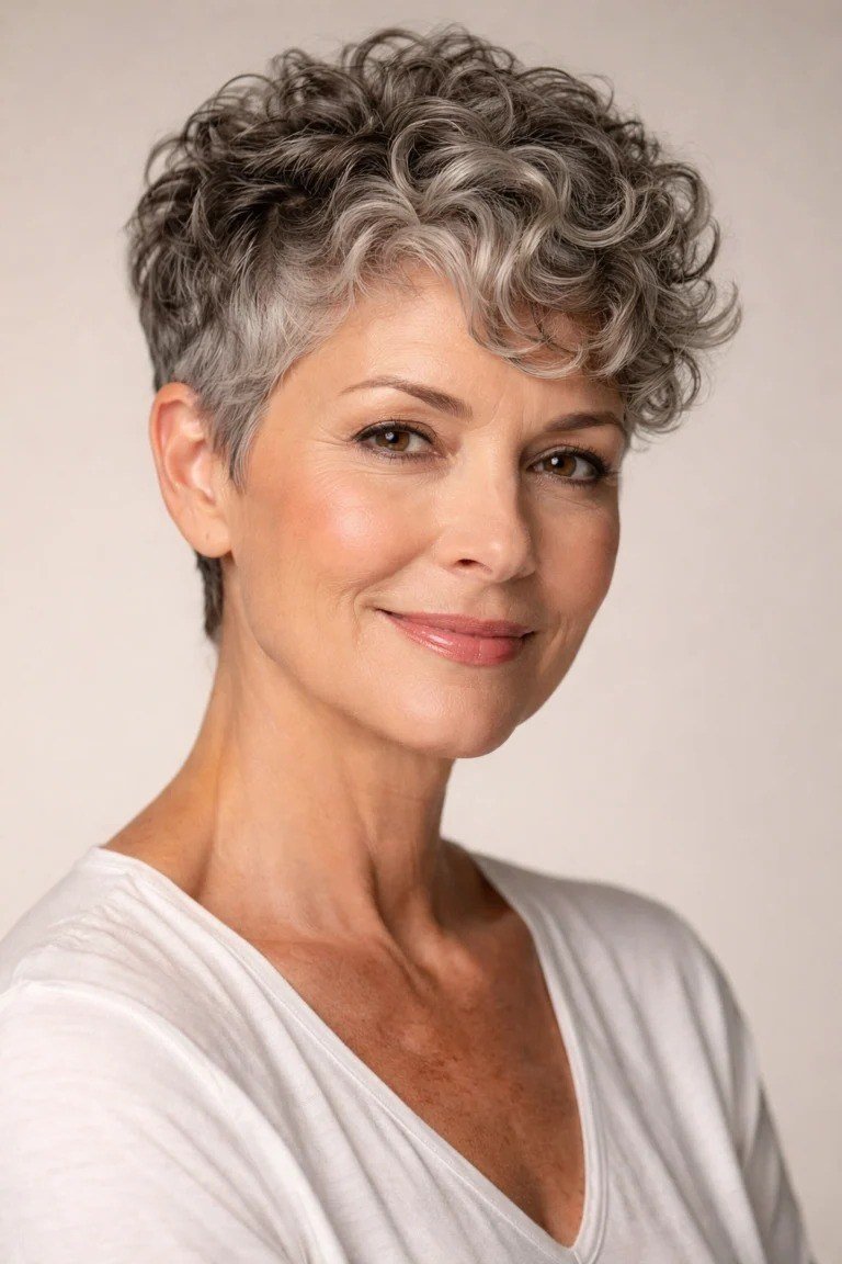 grey curly pixie with bangs for women over 60