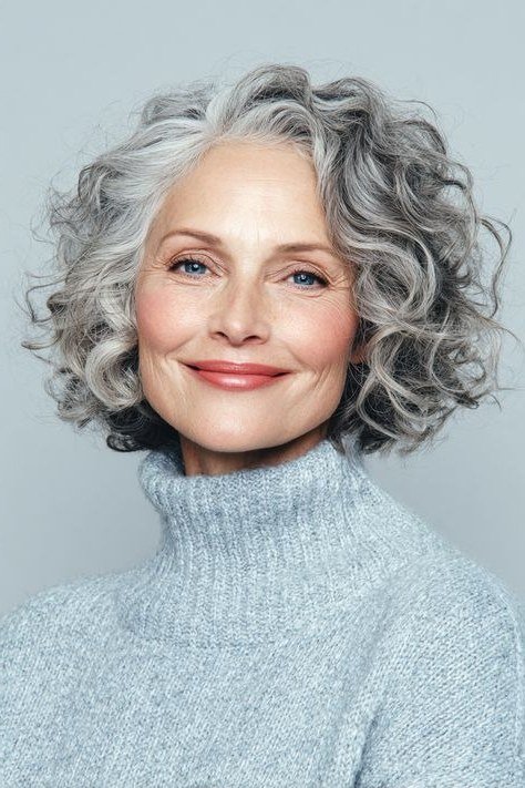 short rounded grey curly bob side view