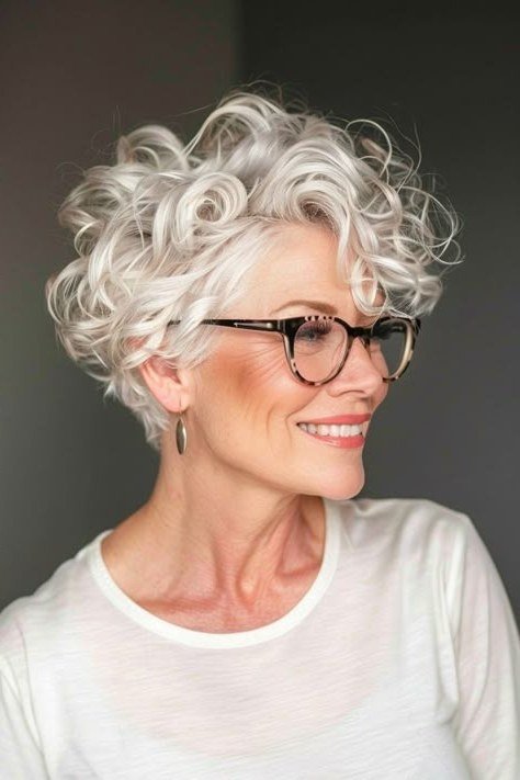 copper toned curly bob side profile for women over 60