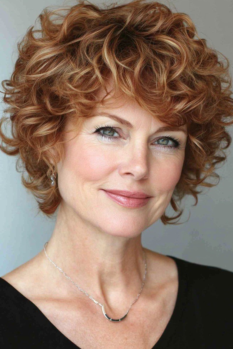 warm copper curly bob for women over 60