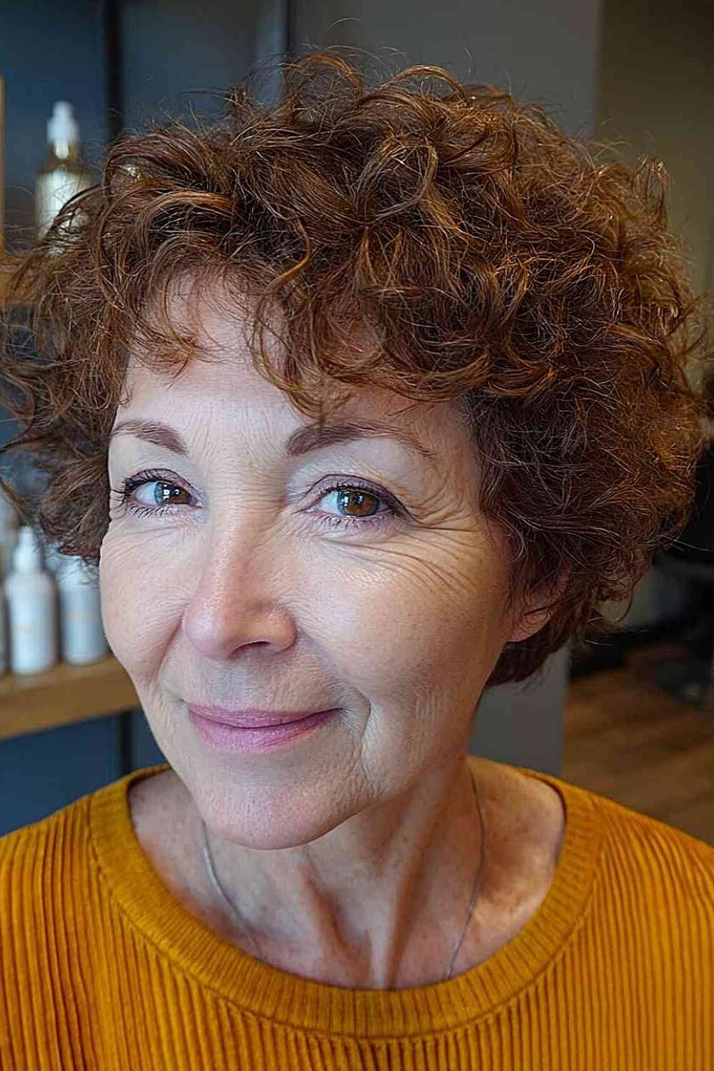 short warm auburn curly bob for older women