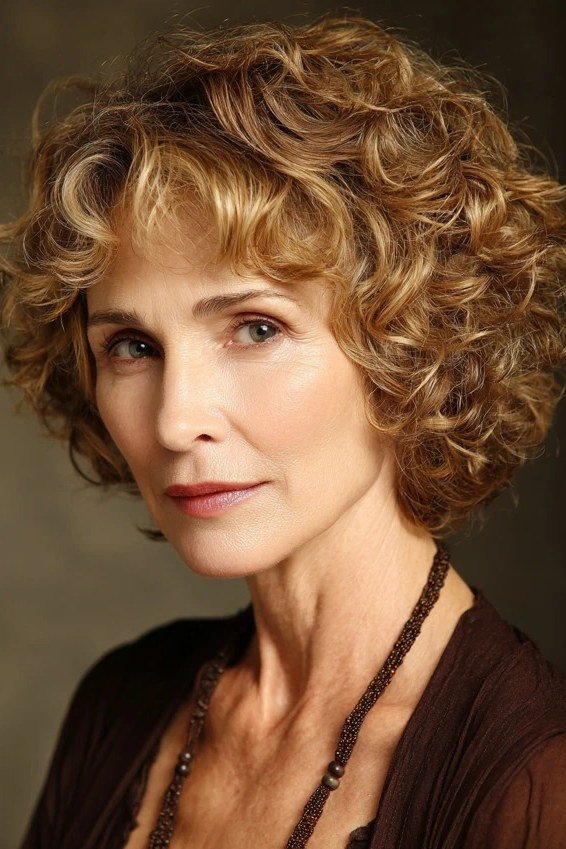 golden brown curly bob for older women