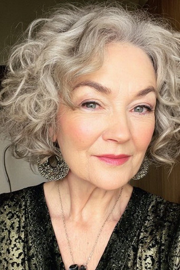 collar length grey curly lob for women over 60