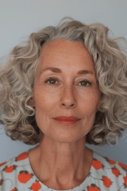 layered bounce grey curly lob for older women