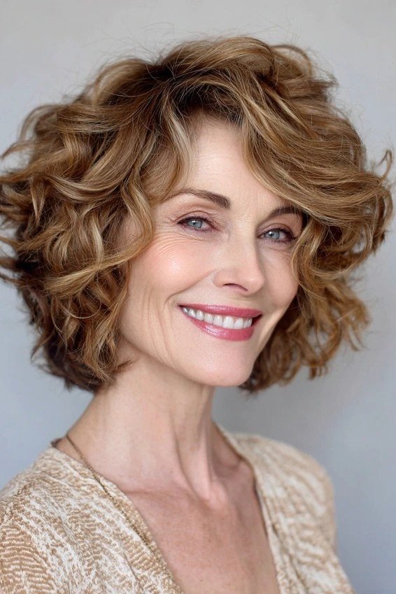 bouncy layered auburn curly bob for older women
