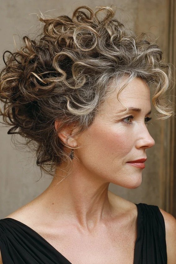 pinned silver curly updo side view for older women
