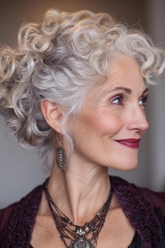 soft pinned curly updo for women over 60