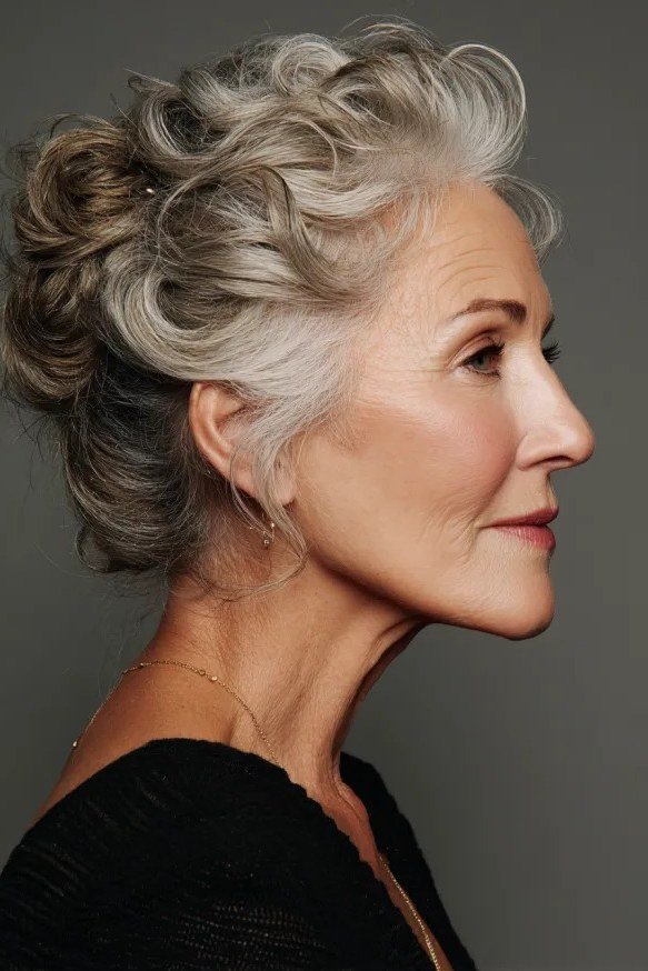 coiled grey curly updo side profile
