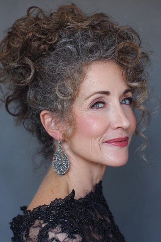 romantic pinned curly updo for older women