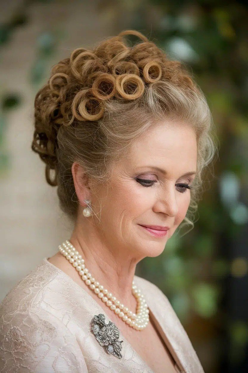 formal ringlet curly updo with pearls
