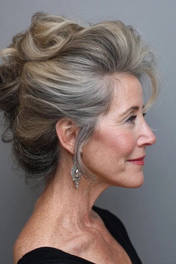 loose grey pin curls updo side view