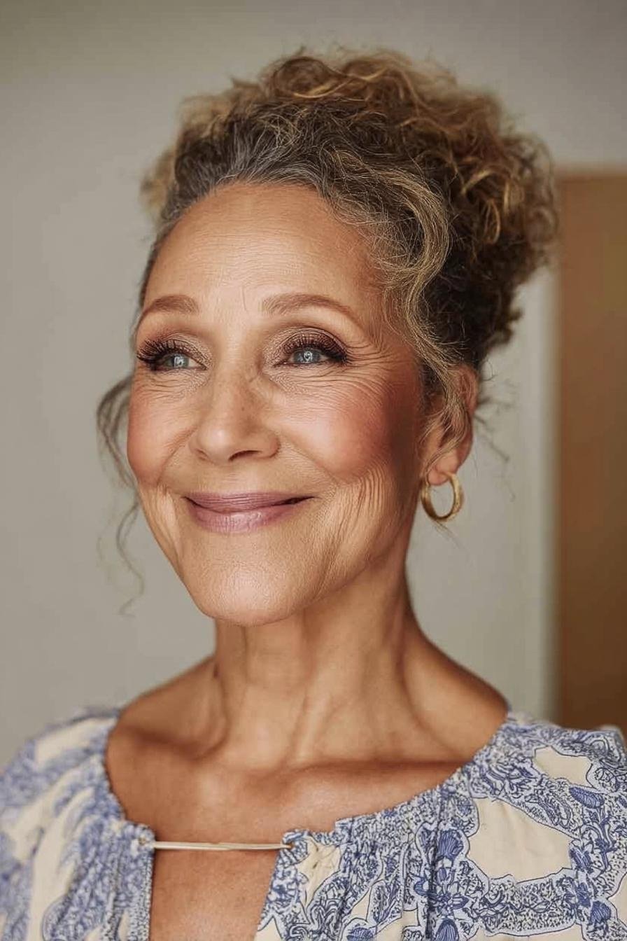 swept up natural curly updo for older women