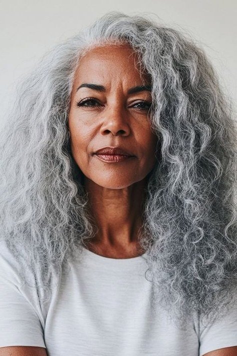 full cascading long grey curls for older women