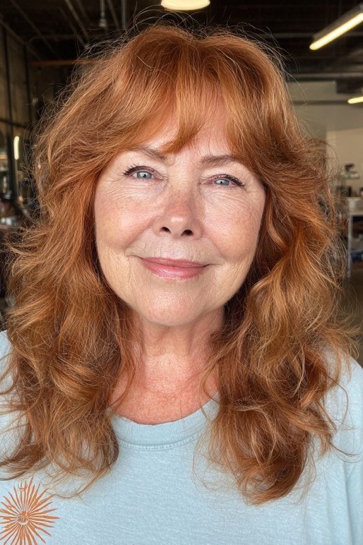 rich red brown long curly hair for older women