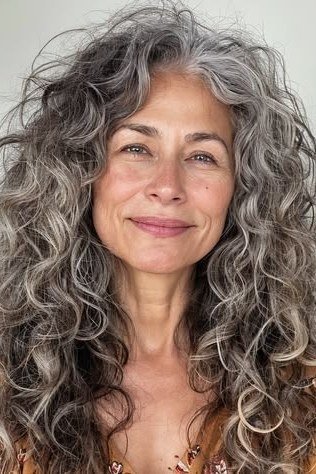 thick natural grey curly mane for women over 60