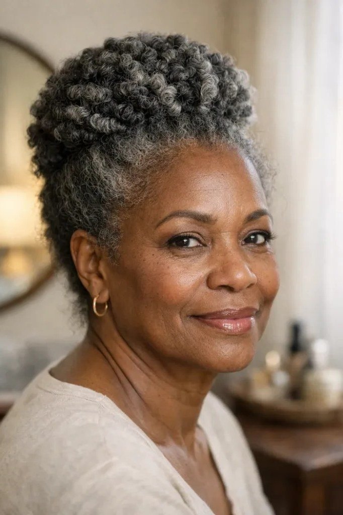 sculpted grey coil updo on dark skin