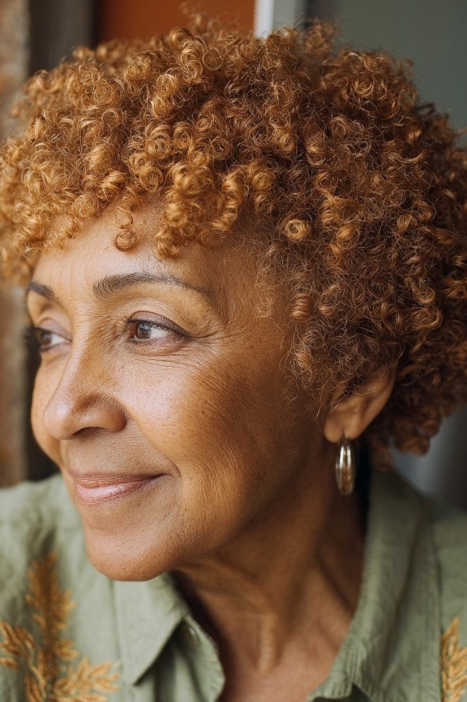 warm copper afro halo curls on dark skin