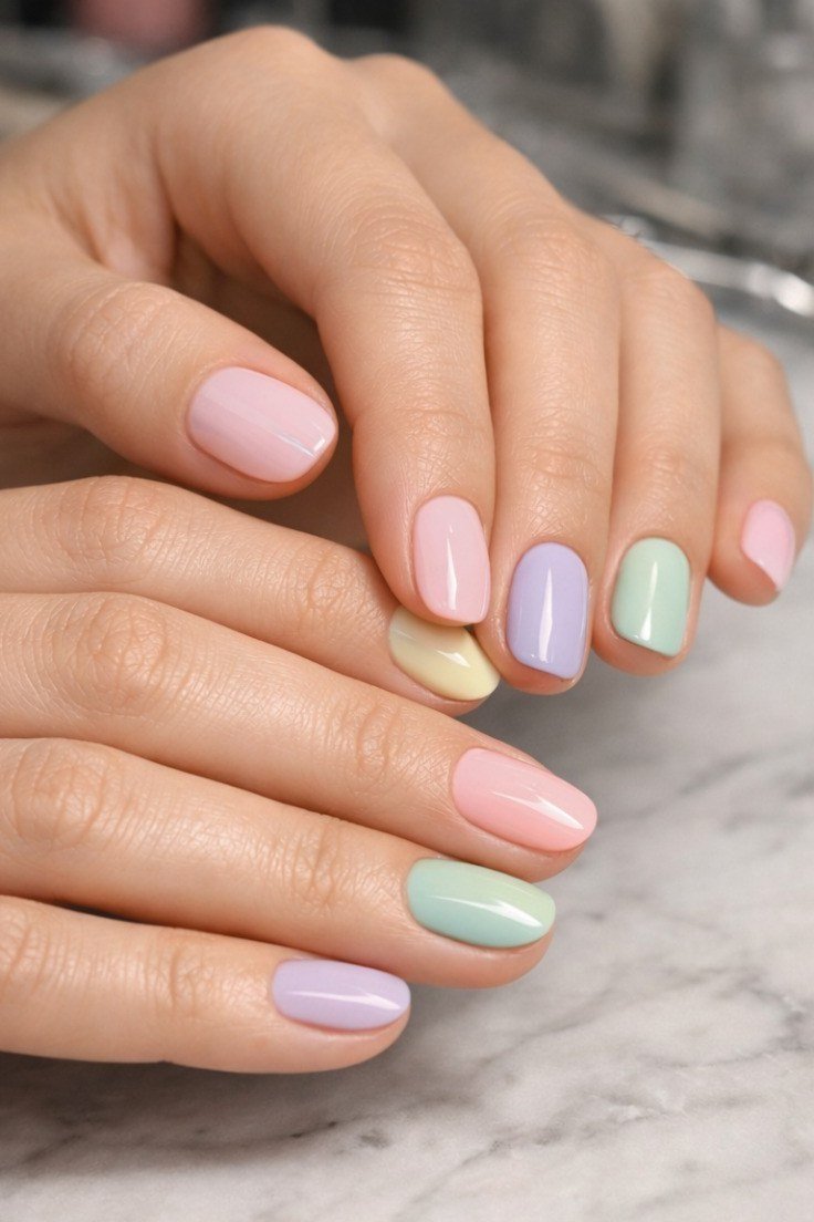 15. Playful Pastel Nails in Pink, Blue, and Mint - nail art idea for women over 40