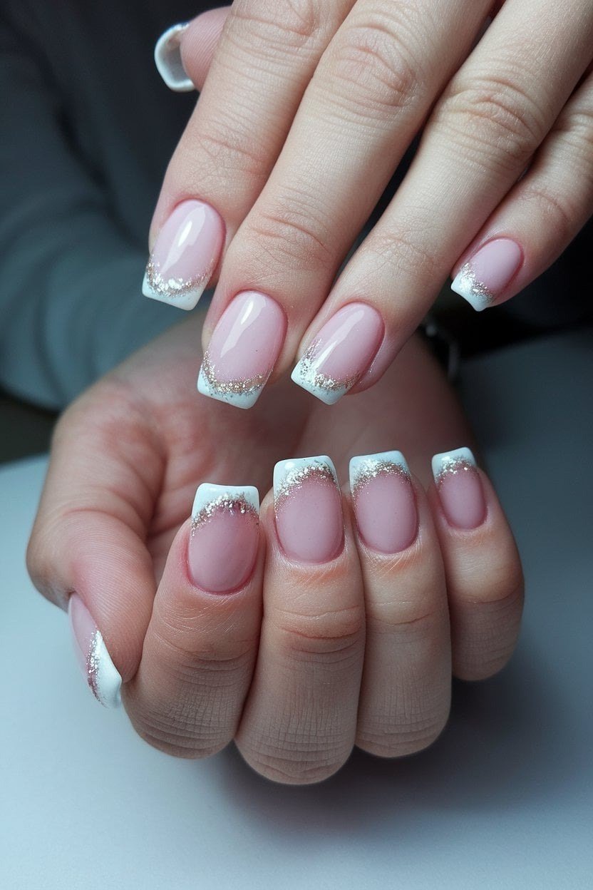 27. Pink French with Glitter Tips - nail art idea for women over 40