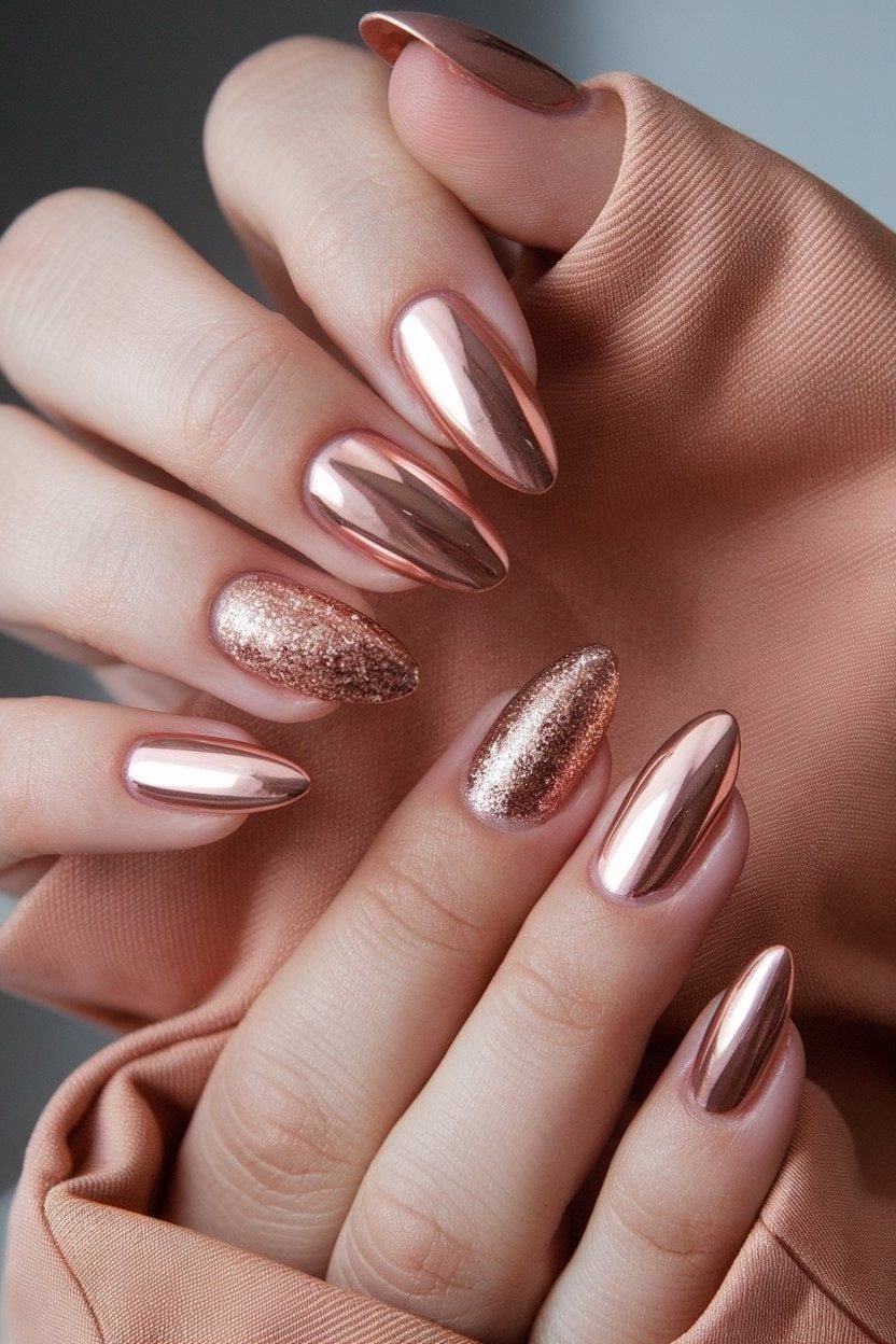 29. Rose Gold Chrome Almond Nails - nail art idea for women over 40