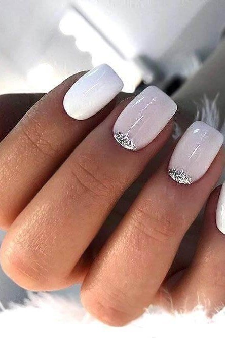 31. White Ombre with Glitter Tips - nail art idea for women over 40