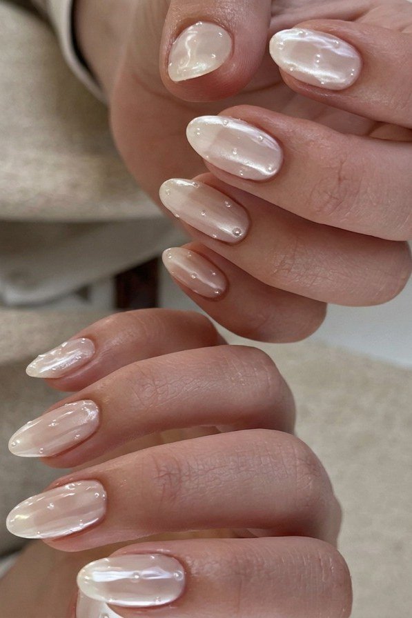 32. Pearl Chrome White Almond Nails - nail art idea for women over 40