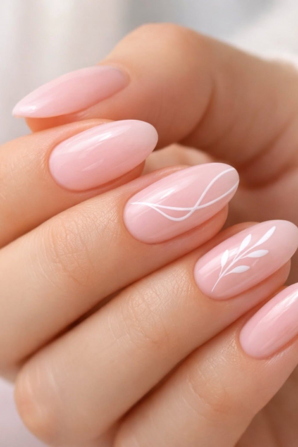 43. Blush Pink with Delicate White Line Art - nail art idea for women over 40