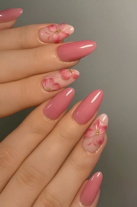 55. Coral Pink with Hand-Painted Pink Florals - nail art idea for women over 40