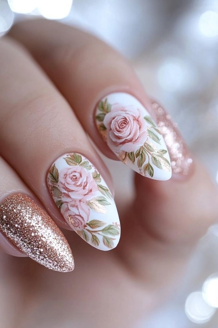 58. Pink Roses with Rose Gold Glitter - nail art idea for women over 40