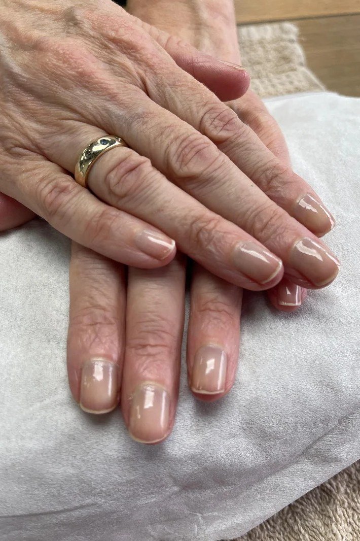 Nude Taupe Medium Oval on White - nail color idea for women over 60