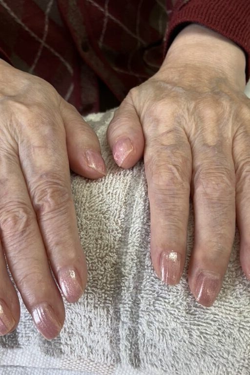 Mauve Sheer on Striped Blanket - nail color idea for women over 60
