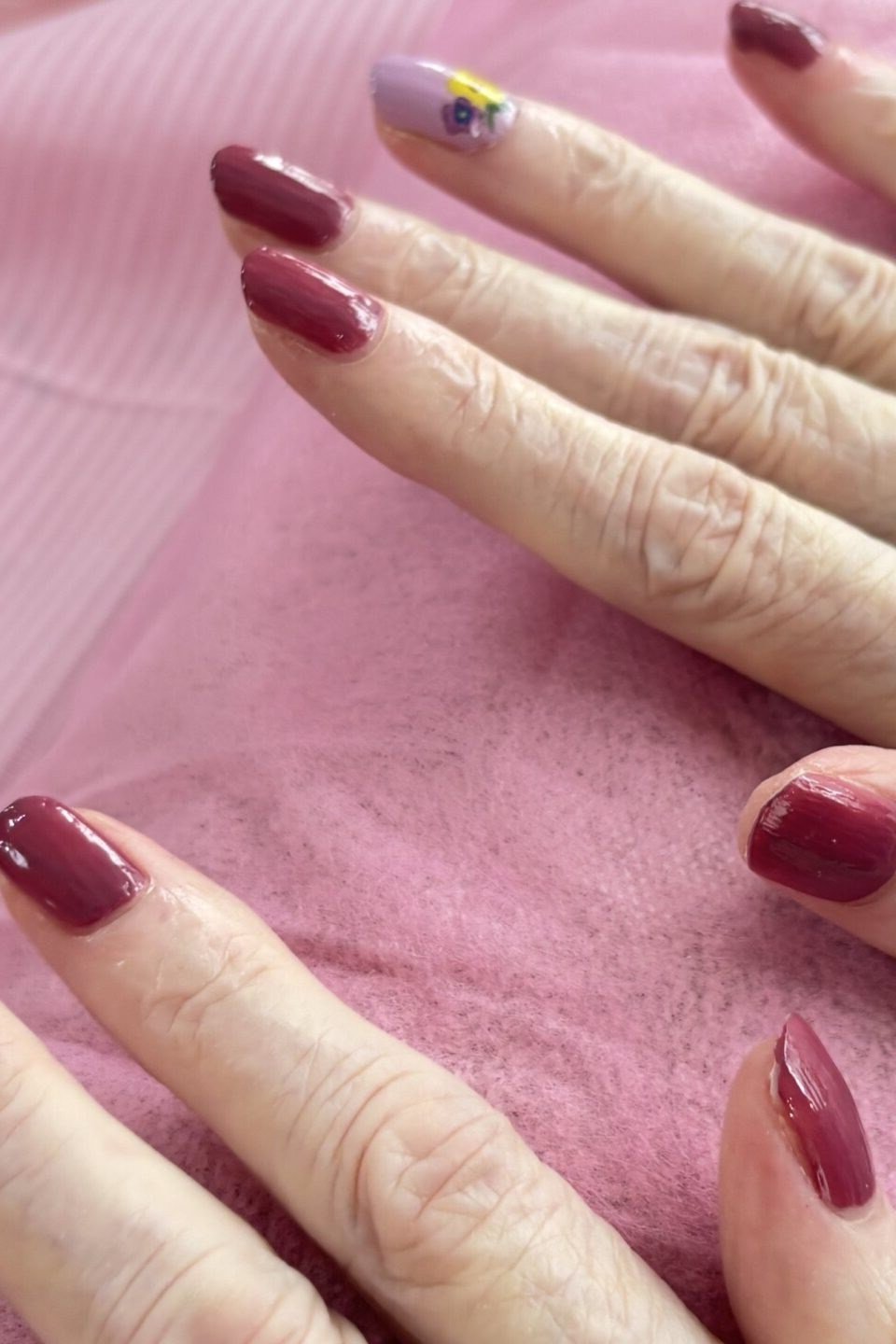 Deep Red With Crystal Dots - nail color idea for women over 60