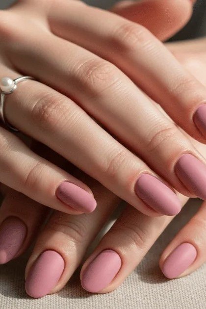 Mauve Short Crossed Hands - nail color idea for women over 60
