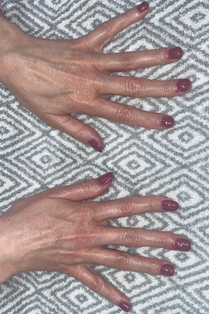 Mauve on Patterned Fabric - nail color idea for women over 60