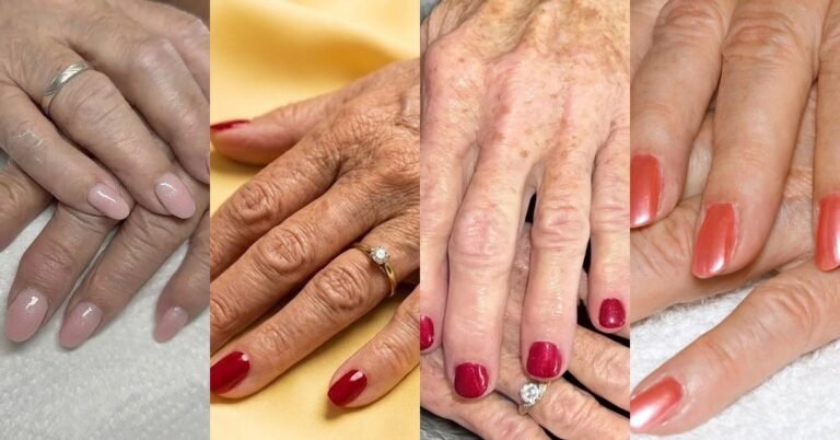 Collage of nail colors that make hands look younger for women over 60
