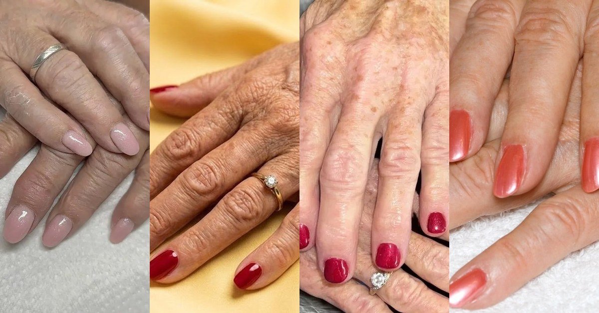 Collage of nail colors that make hands look younger for women over 60