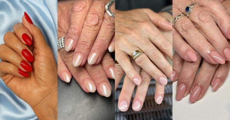 Collage of four flattering nail shapes for mature hands: red almond, pearl almond, pink almond with gold ring