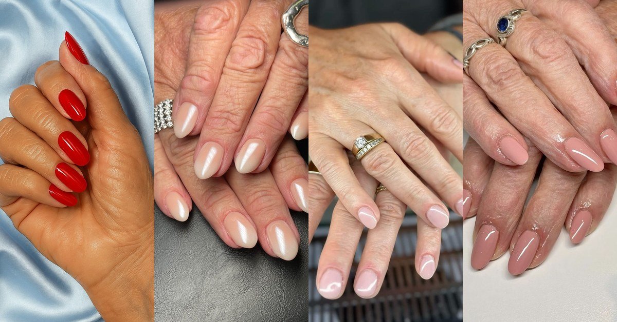 Collage of four flattering nail shapes for mature hands: red almond, pearl almond, pink almond with gold ring
