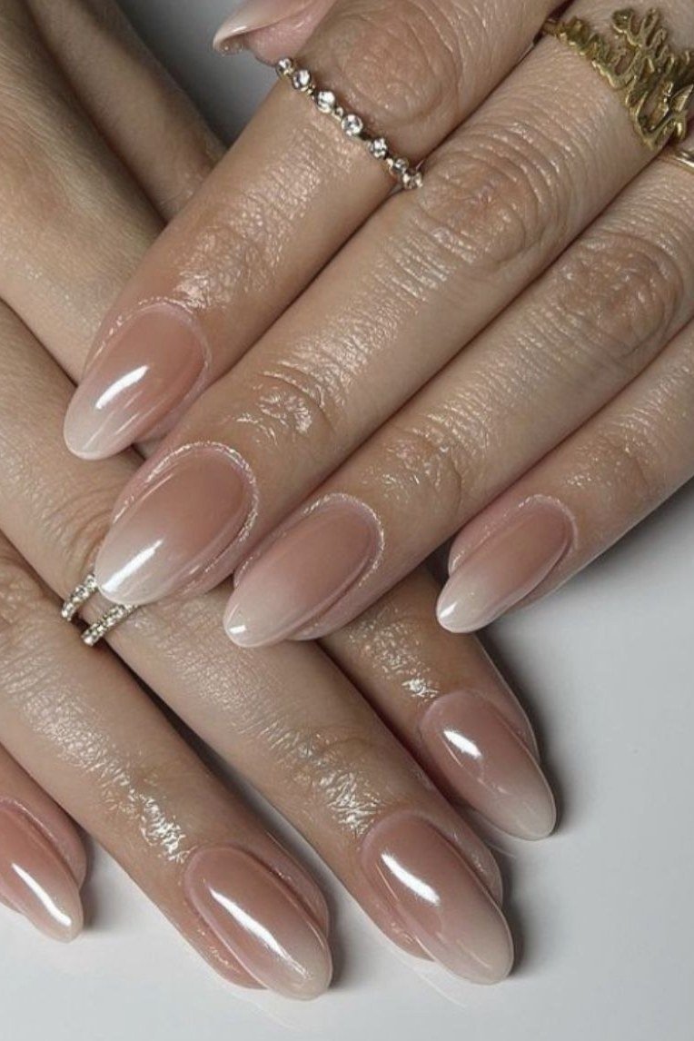 Taupe Grey Long Almond Ombre - nude ombre nails for women over 50
