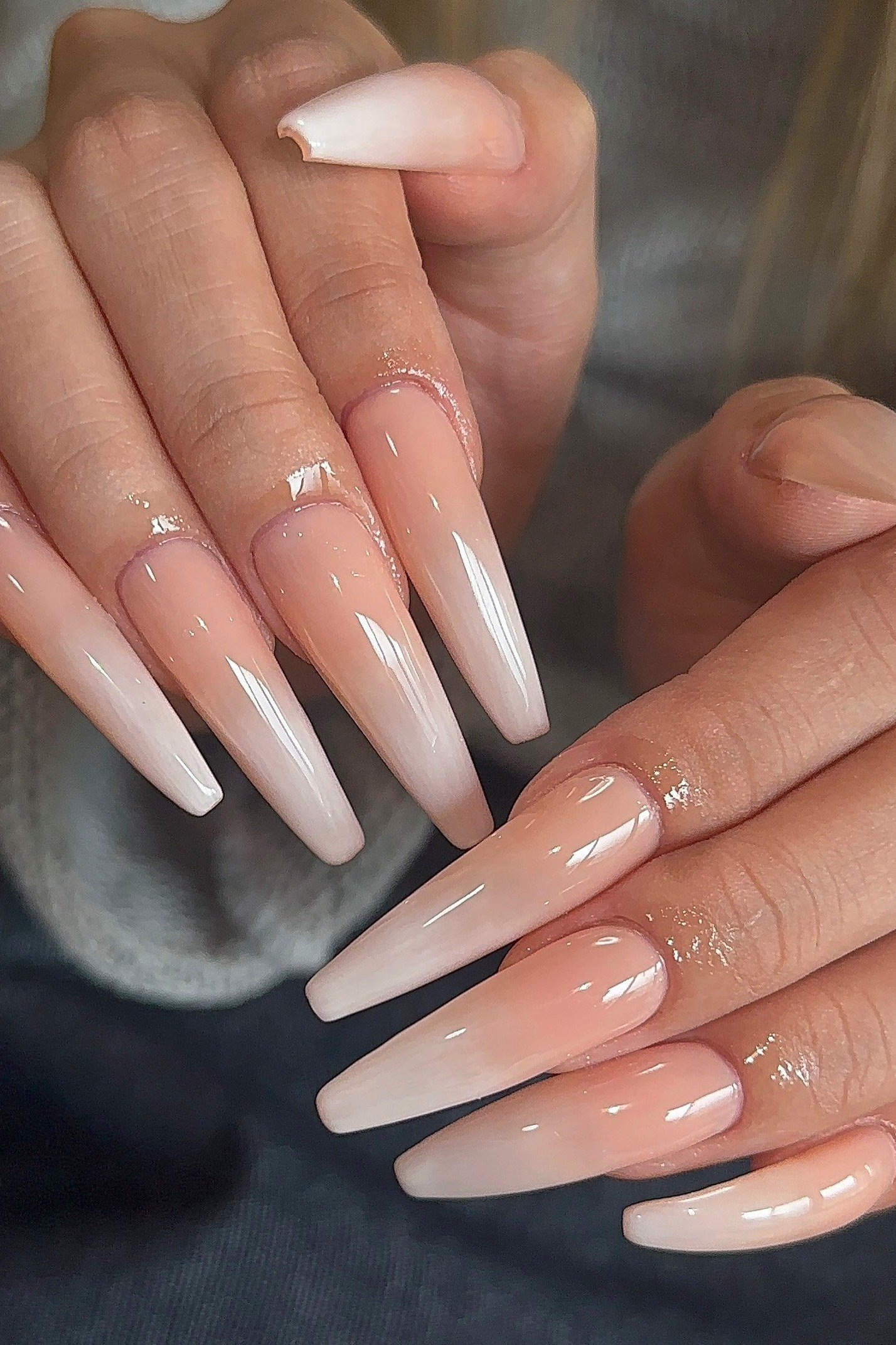 Long Nude-to-White Stiletto Ombre - nude ombre nails for women over 50