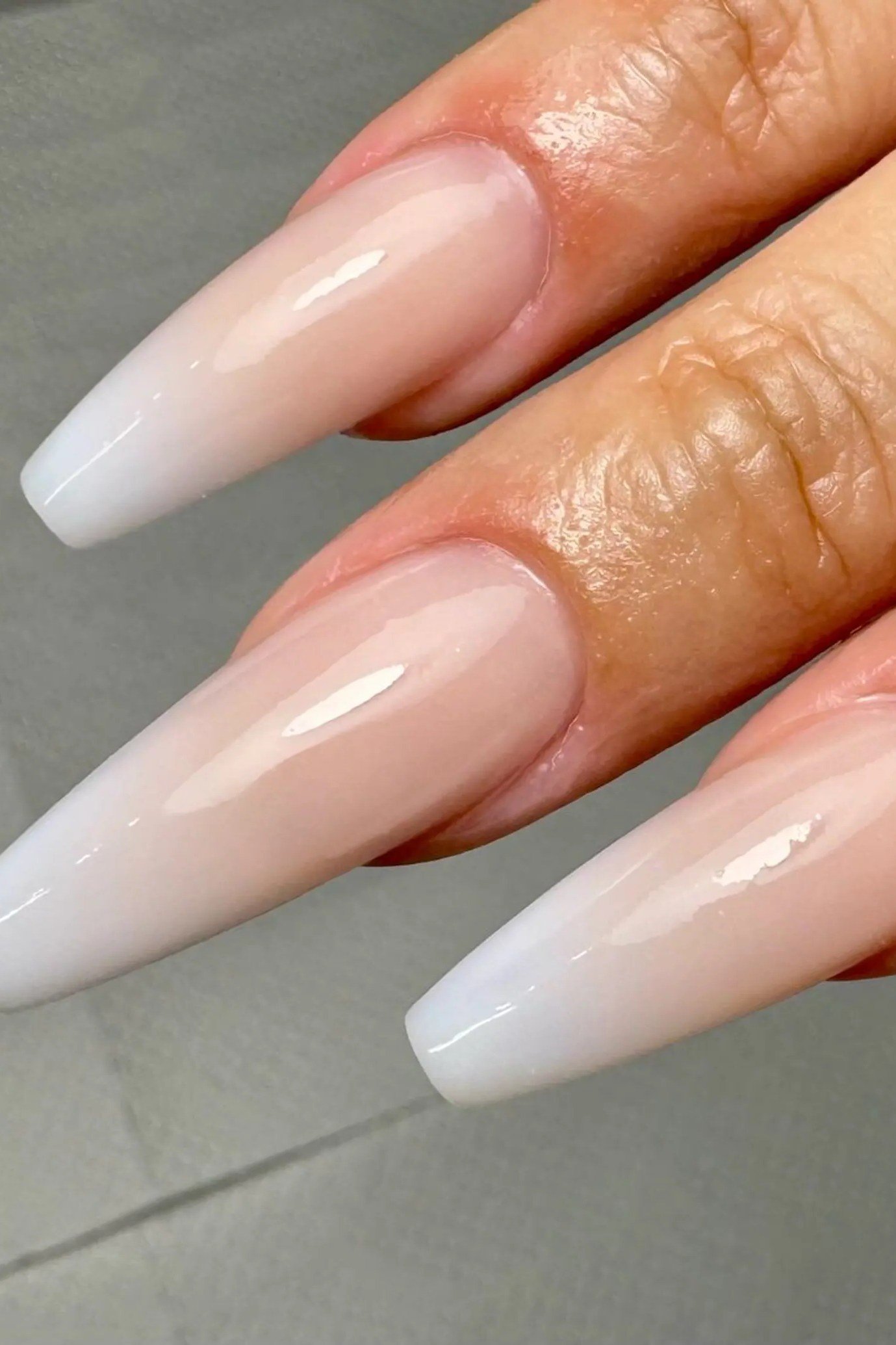 Nude-to-White Coffin Ombre Close-Up - nude ombre nails for women over 50