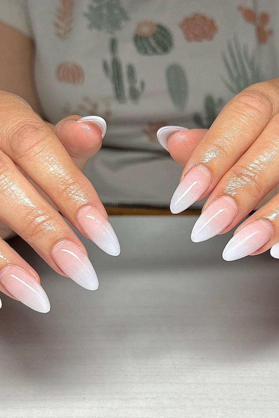 Mature Hands Baby Boomer Almond Ombre - nude ombre nails for women over 50