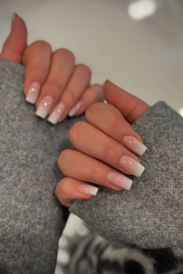 Classic White French Short Square Ombre - nude ombre nails for women over 50