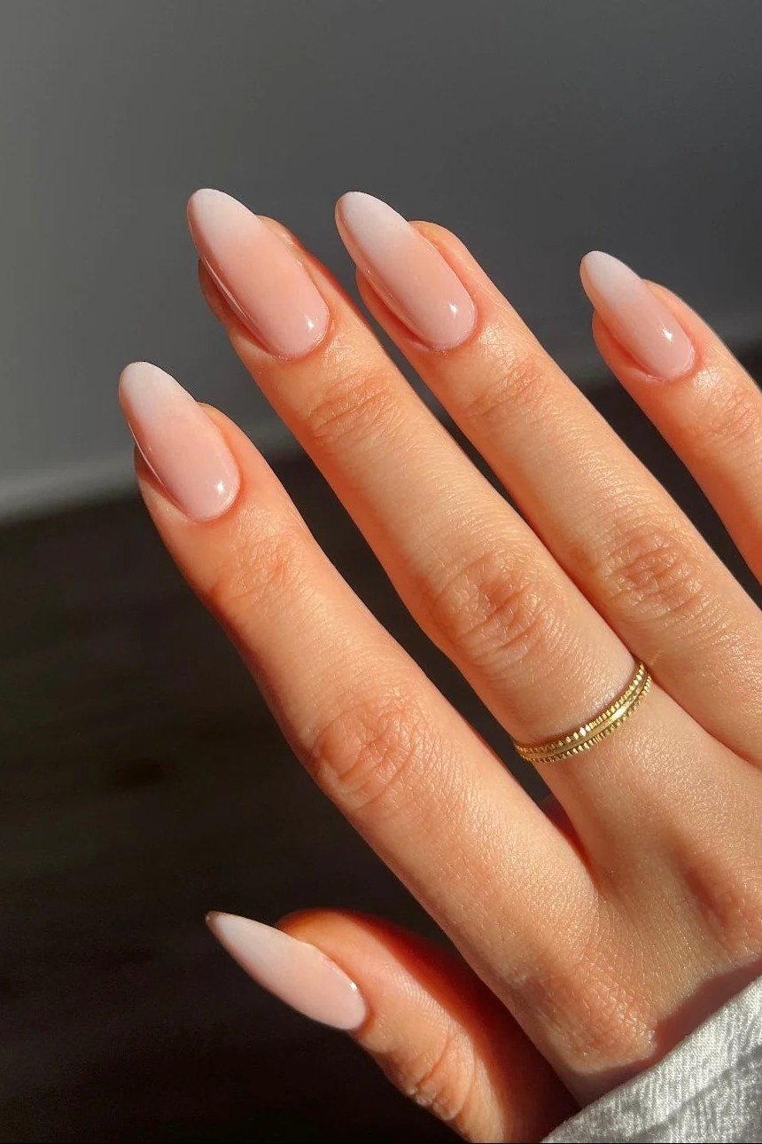 Gold Ring Nude Almond Ombre - nude ombre nails for women over 50