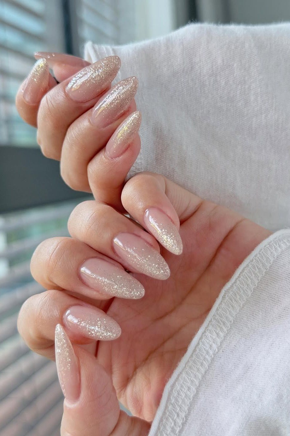 Golden Glitter Almond Ombre - nude ombre nails for women over 50