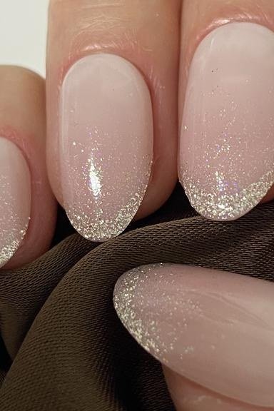 Milky Glitter Tip Oval Ombre - nude ombre nails for women over 50