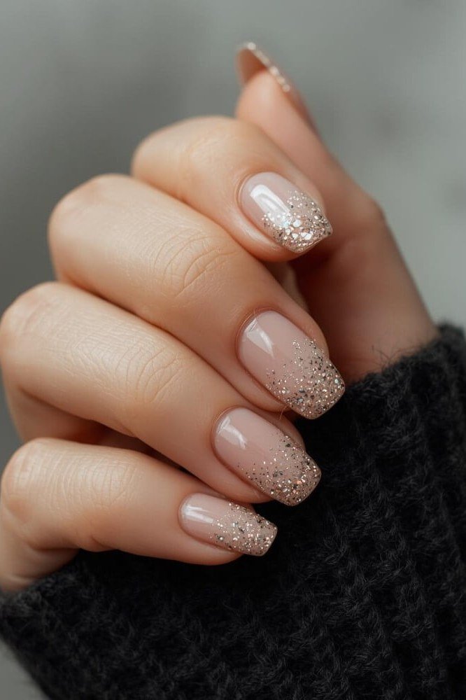 Champagne Glitter Short Square Ombre - nude ombre nails for women over 50