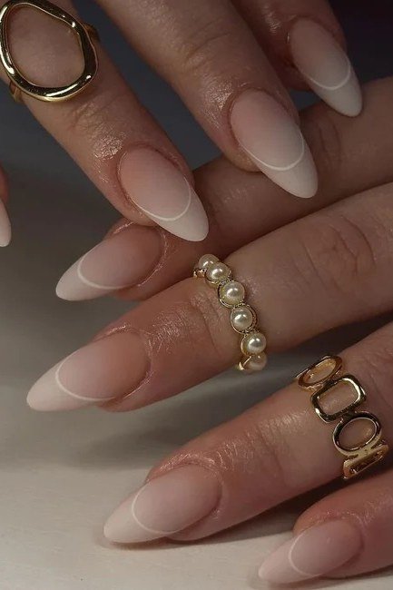 Pearl Ring French Almond Ombre - nude ombre nails for women over 50