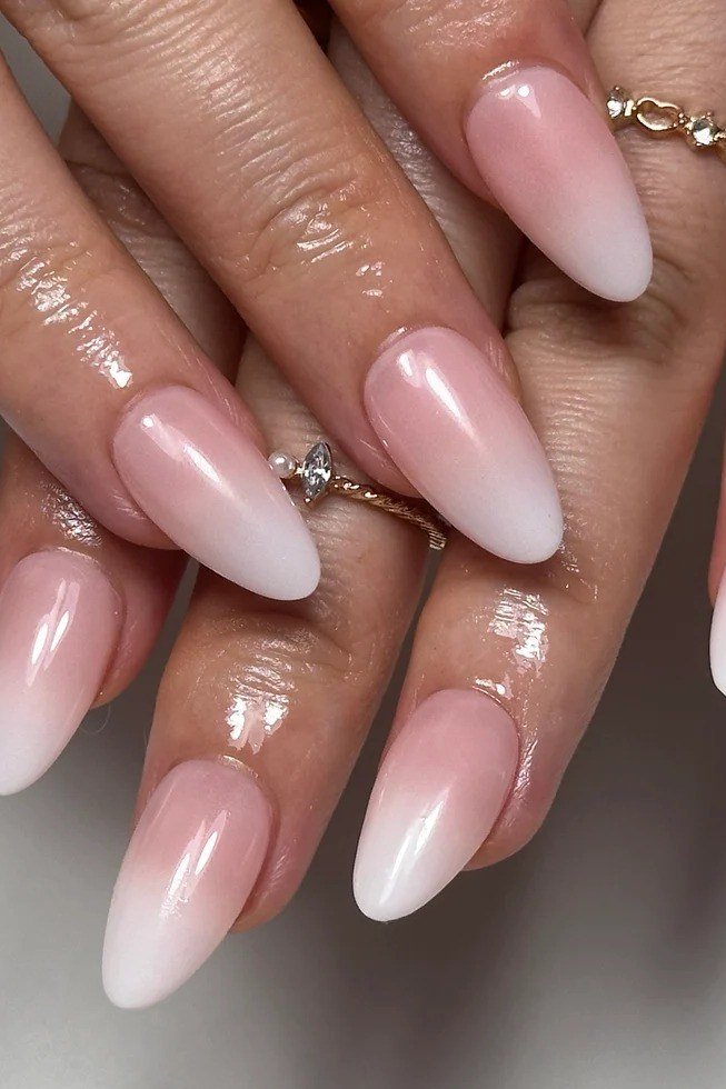 Blush White Almond Ombre - nude ombre nails for women over 50