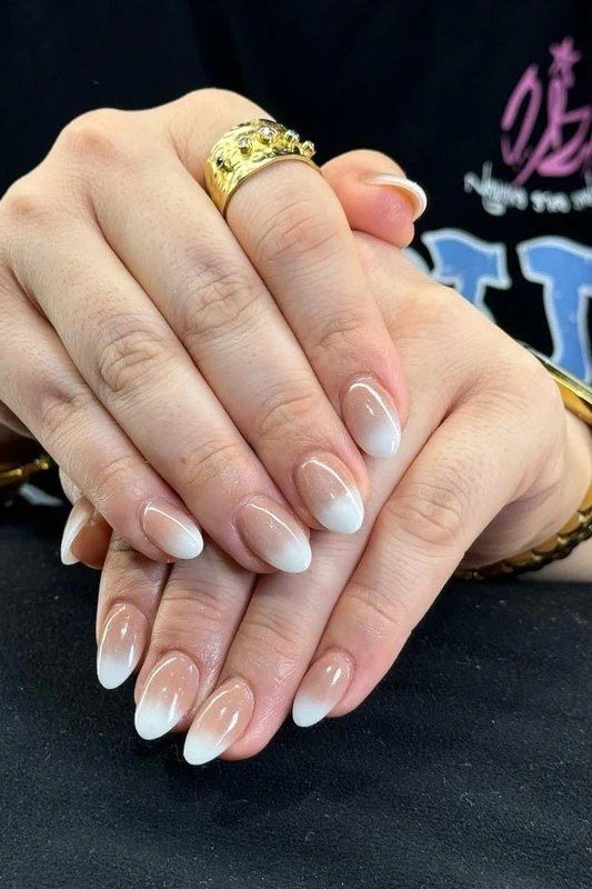 Golden Hour White Oval Ombre - nude ombre nails for women over 50